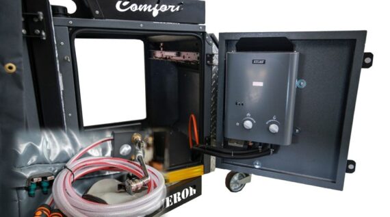 Handling of water system with geyser on the right side in the Conqueror Comfort Platinum Edition off-road camper trailer