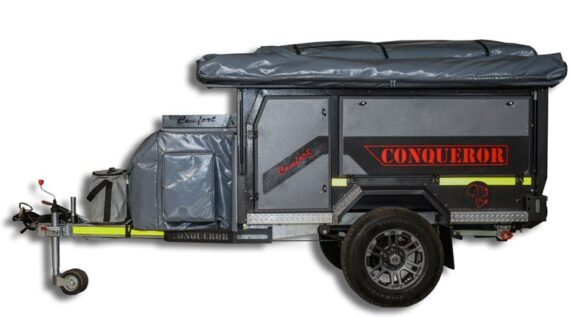 Side view of the fully packed and ready-to-go Conqueror Comfort Platinum Edition off-road camper trailer