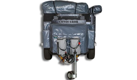 Front view of the fully packed and ready-to-go Conqueror Comfort Platinum Edition off-road camper trailer