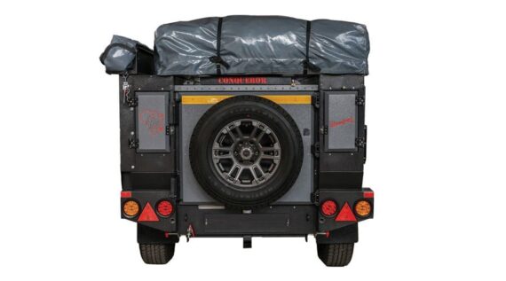 Rear view of the fully packed and ready-to-go Conqueror Comfort Platinum Edition off-road camper trailer