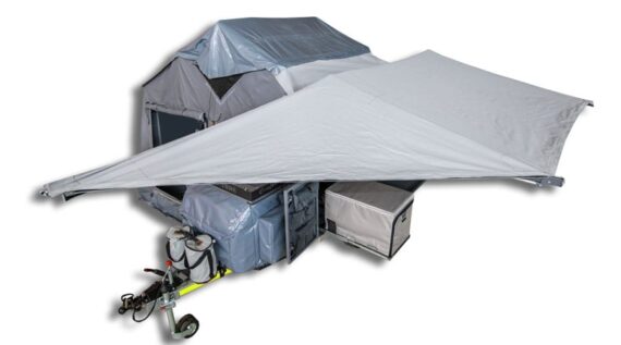 Aerial view of the off-road camper trailer with awning above the kitchen compartment